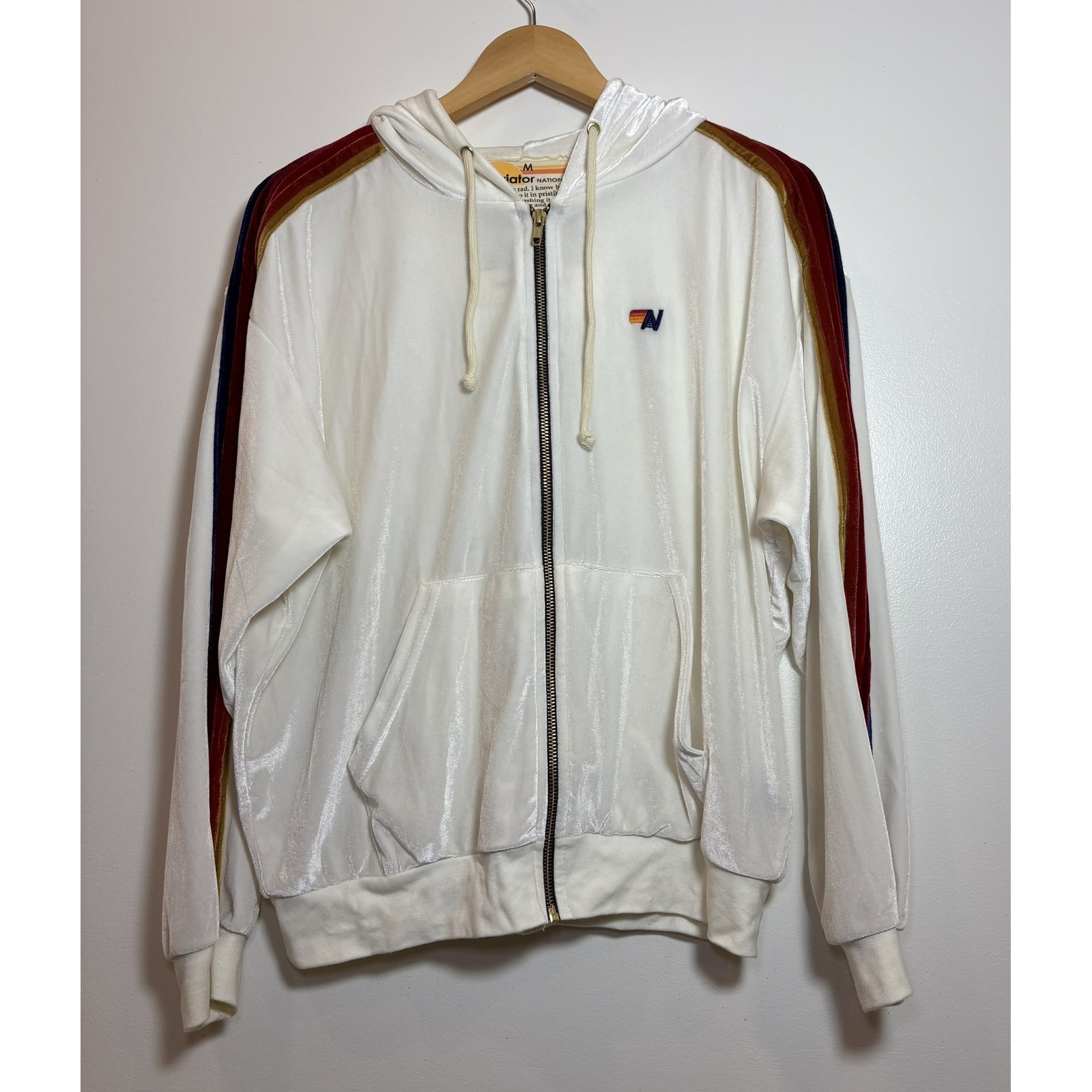 Aviator Nation Velour Zip Hoodie Rainbow Stripe Cream Size M Made Usa Sweatshirt